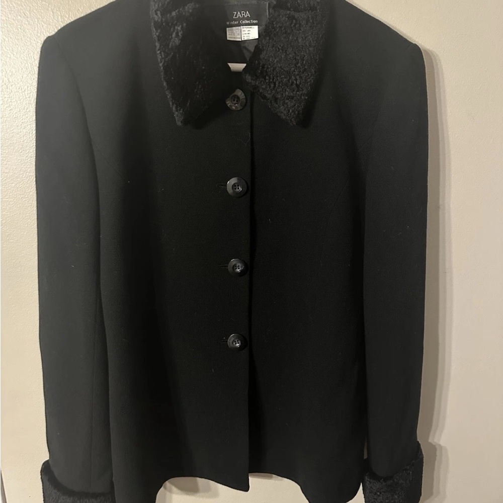 Zara Black Blazer Professional Suit Wool Jacket Faux Fur Collar